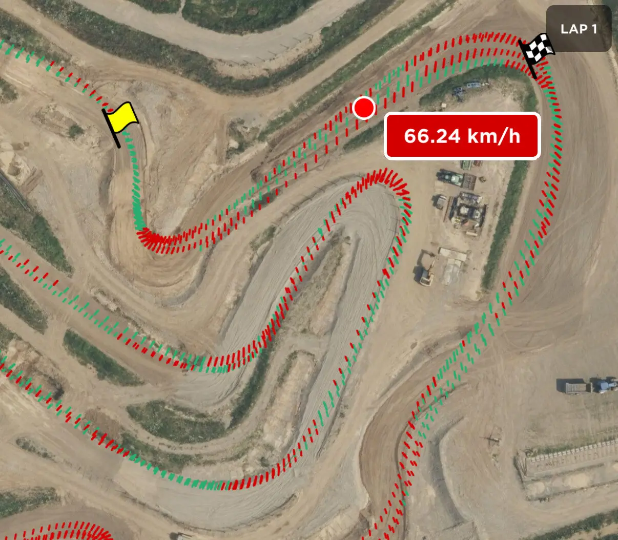 The Chrono app's map with acceleration and braking plotted along the ridden line — green where the rider is accelerating, red where braking.