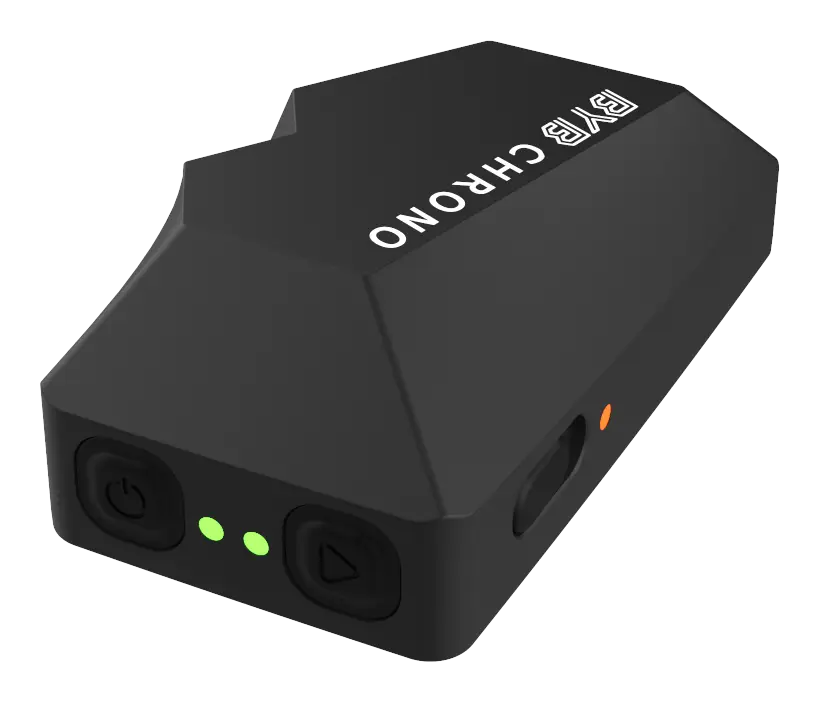 The BYB Chrono unit, showing its power and start buttons, two status LEDs and a USB-C port.