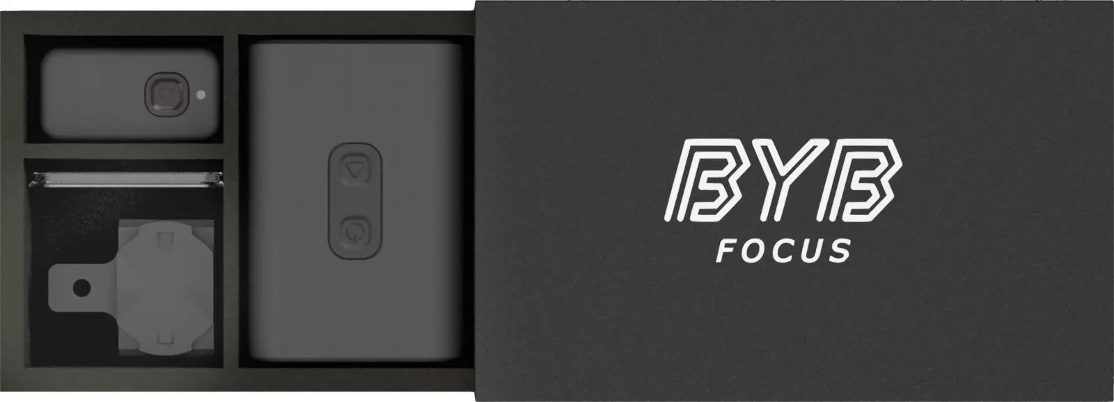 The BYB Focus box slid open, with the wireless remote trigger, a mounting and the light unit each in its own moulded compartment.