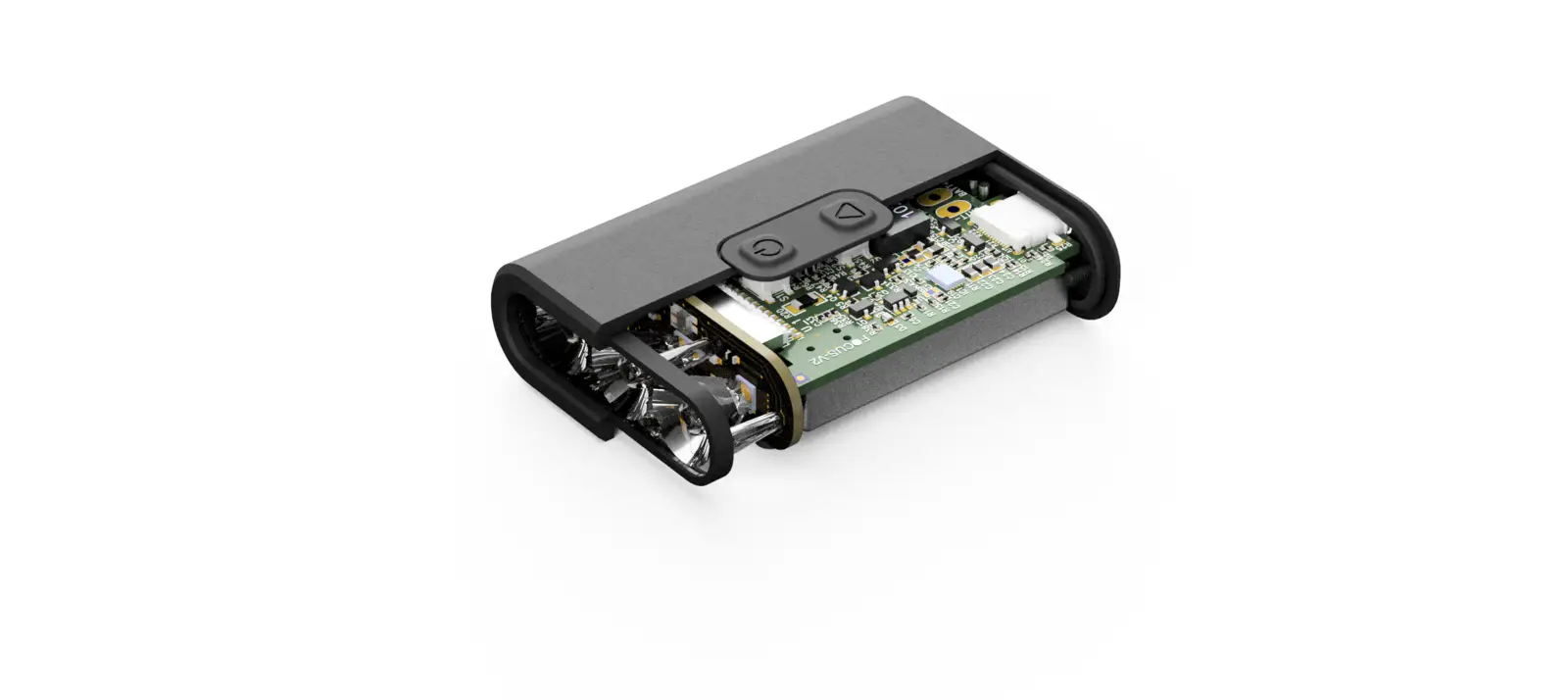 A cutaway view of the BYB Focus internals: the LED optics at one end, the circuit board and battery along the body, and the two buttons on the top face.