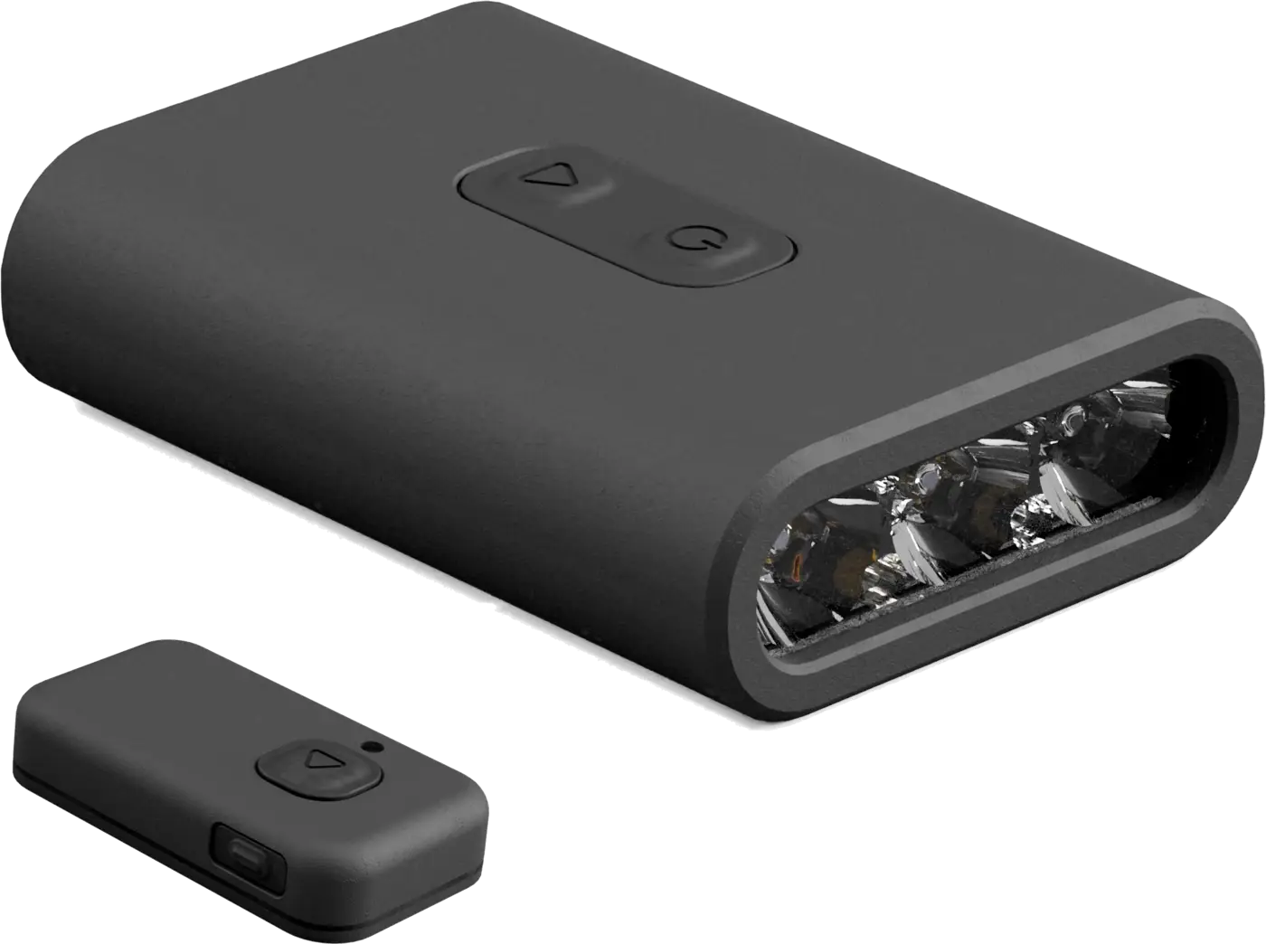 The BYB Focus light unit beside its wireless remote trigger, both at three-quarter view, showing the lens array and the buttons on each.